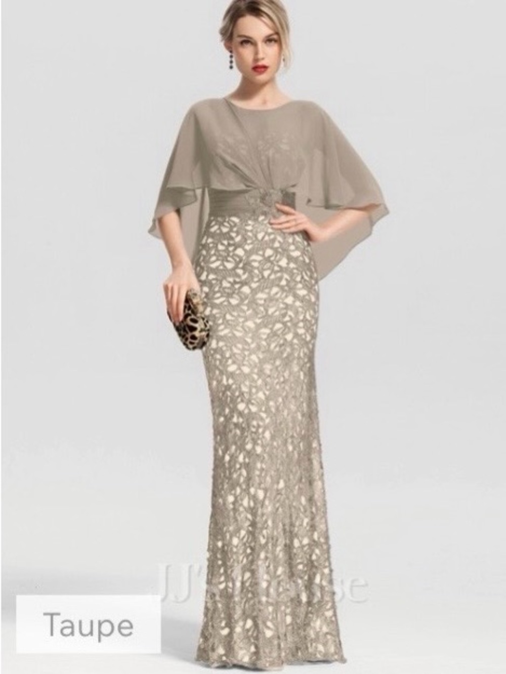 JJs House Column Gown•Taupe Lace Chiffon Cape•Bodice 3D Floral Beading & Sequins